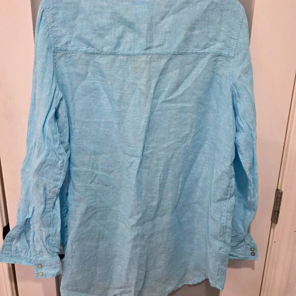 Sigrid Olsen Blue 100% Linen Button Up Shirt Women’s Medium V Neck - Picture 6 of 6